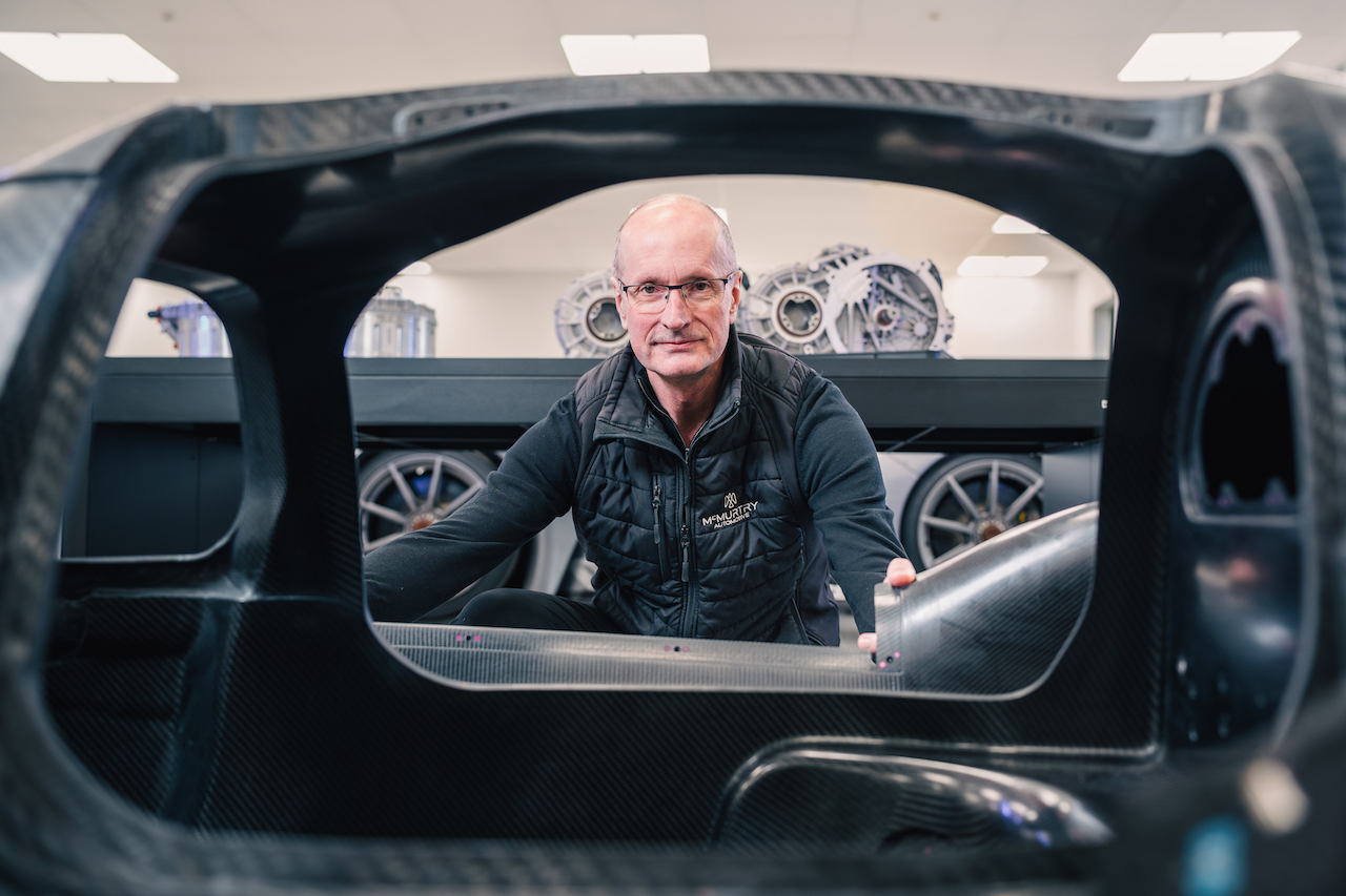 Iain Wight, Head of Technology Sales, McMurtry Technology with Composite Monocoque Chassis in Foreground